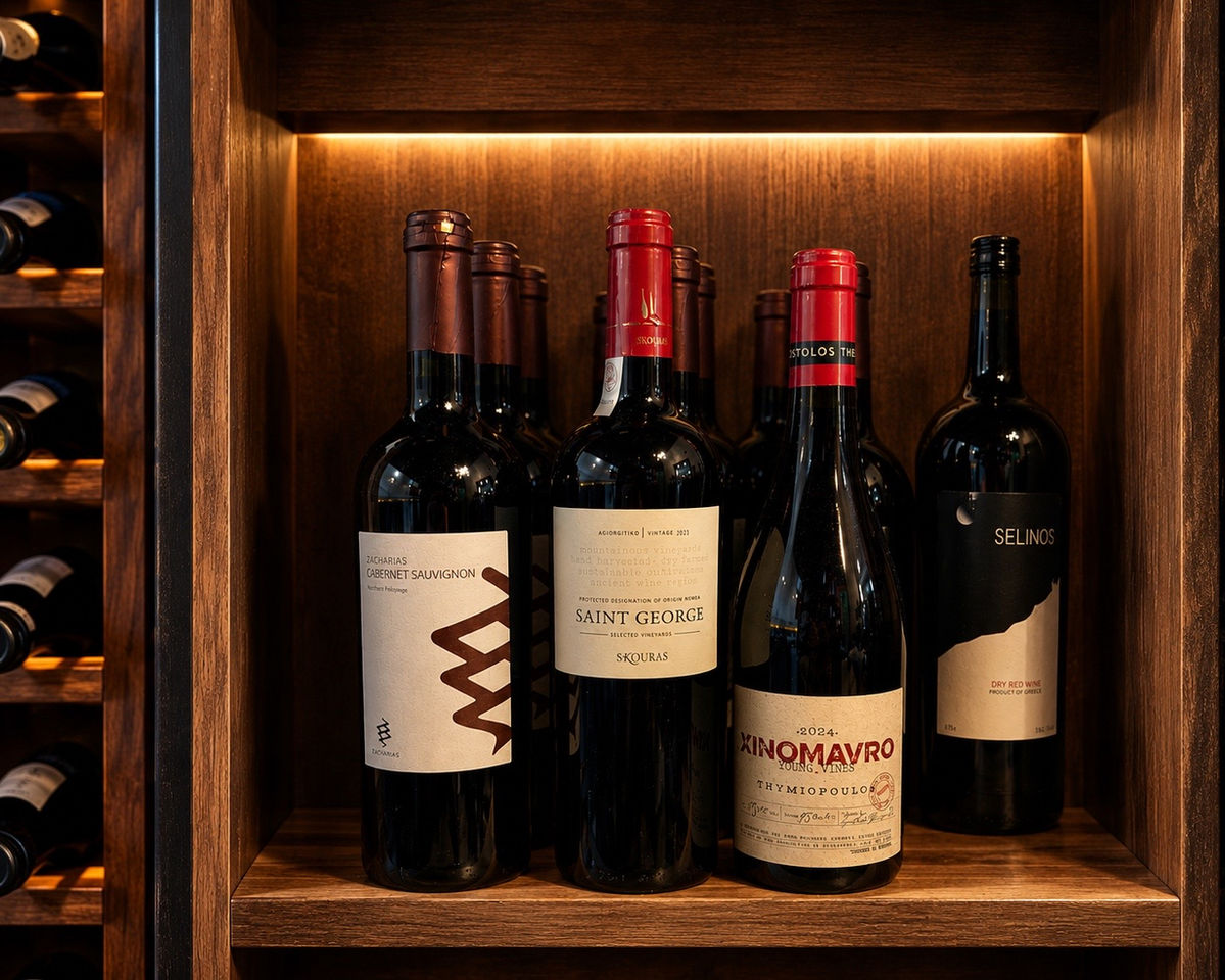 Greek wines on a lit shelf