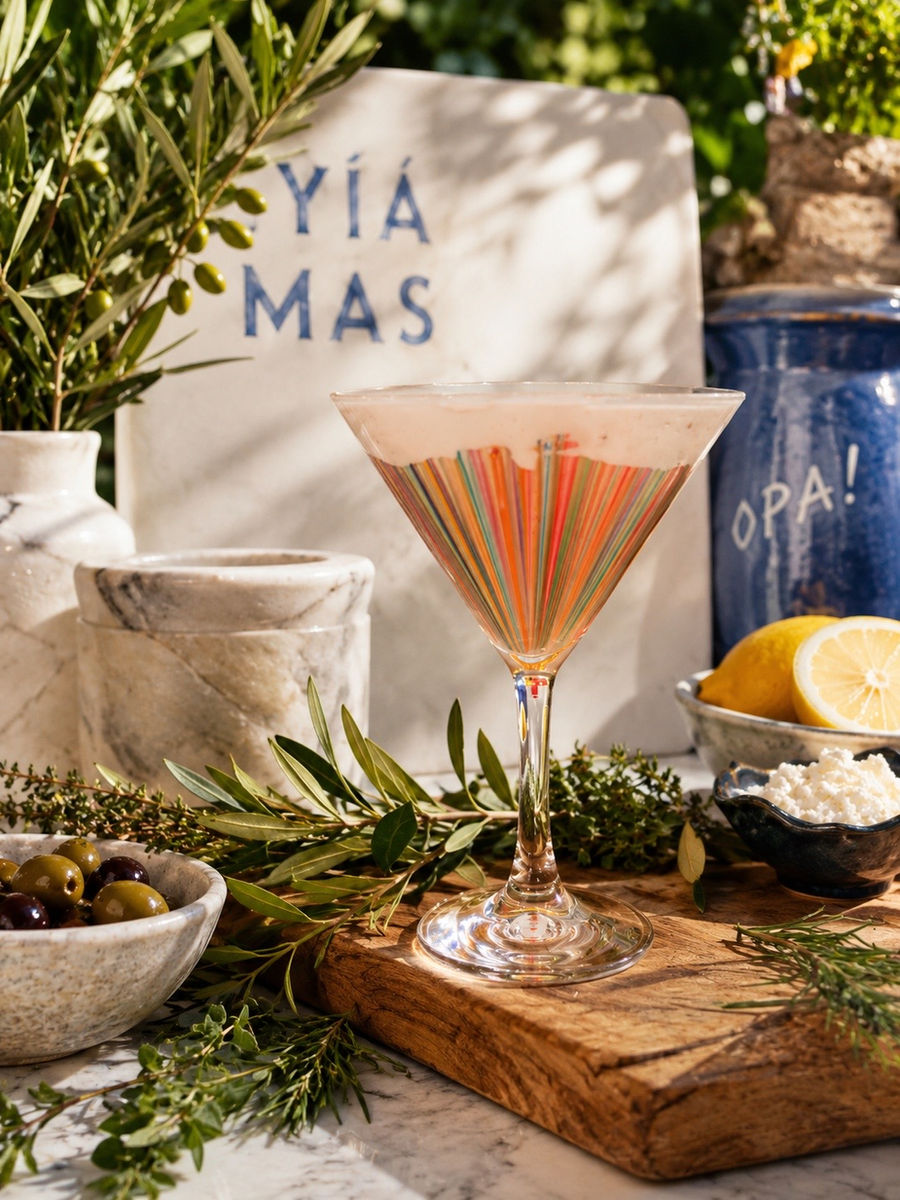 A layered martini beside marble and olives