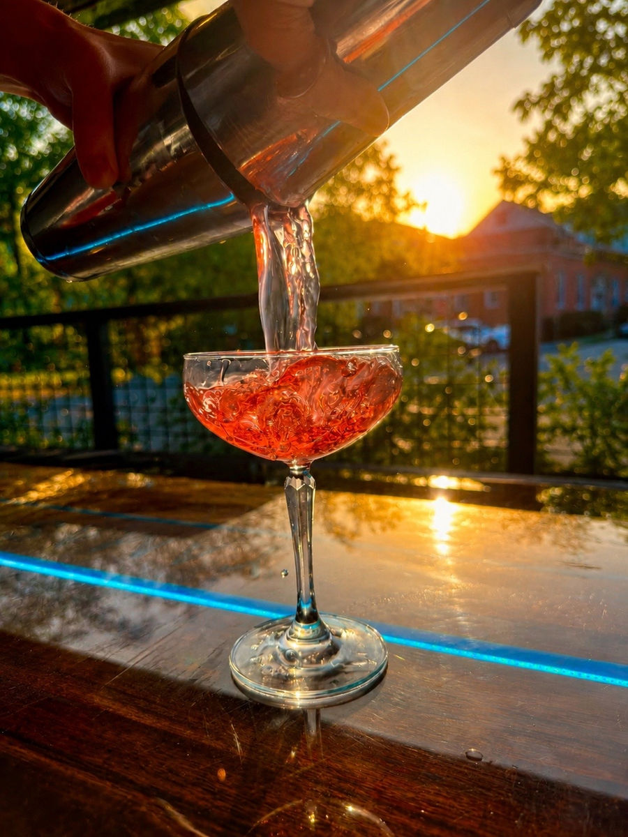 A cocktail poured at sunset on the patio