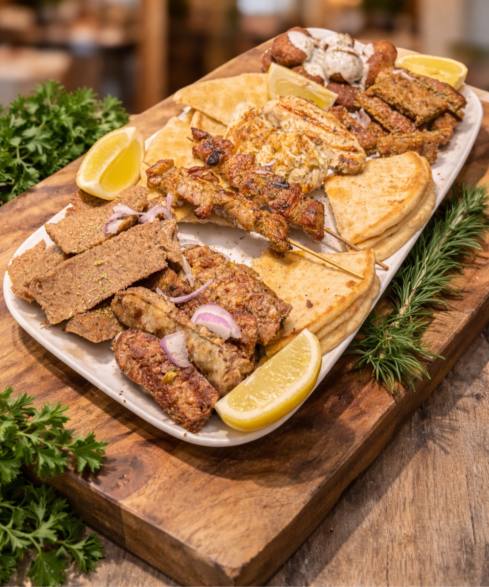 A catering platter of skewers, gyro, and pita