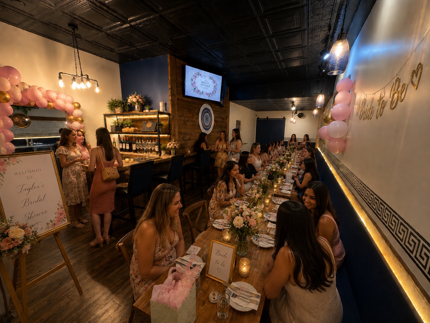 A bridal shower hosted in the Yamas private event space, decorated with balloons and flowers