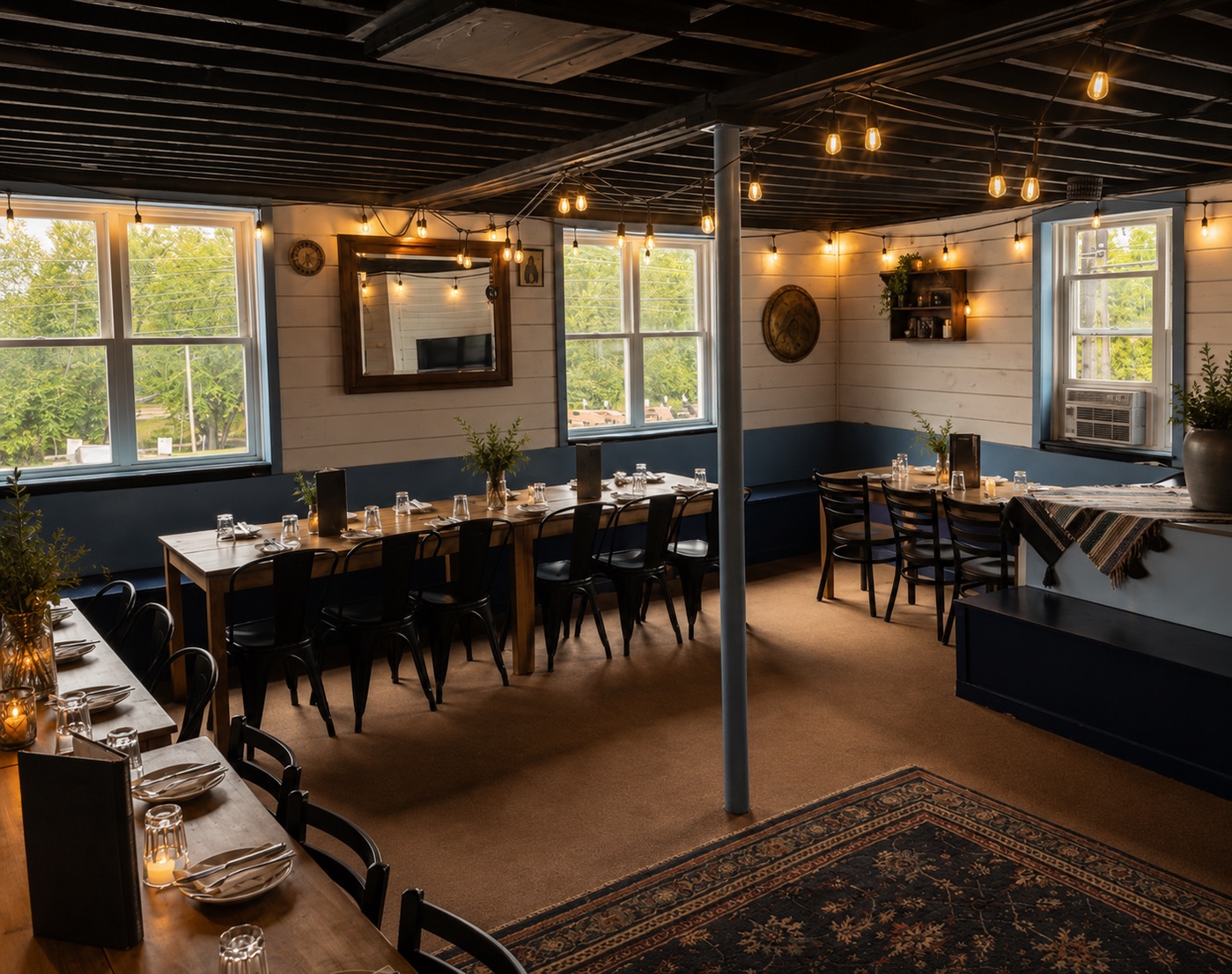 The private dining room set with string lights