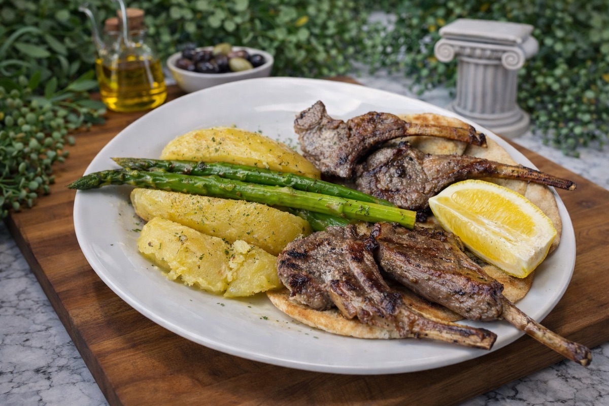Grilled lamb chops with lemon potatoes and asparagus
