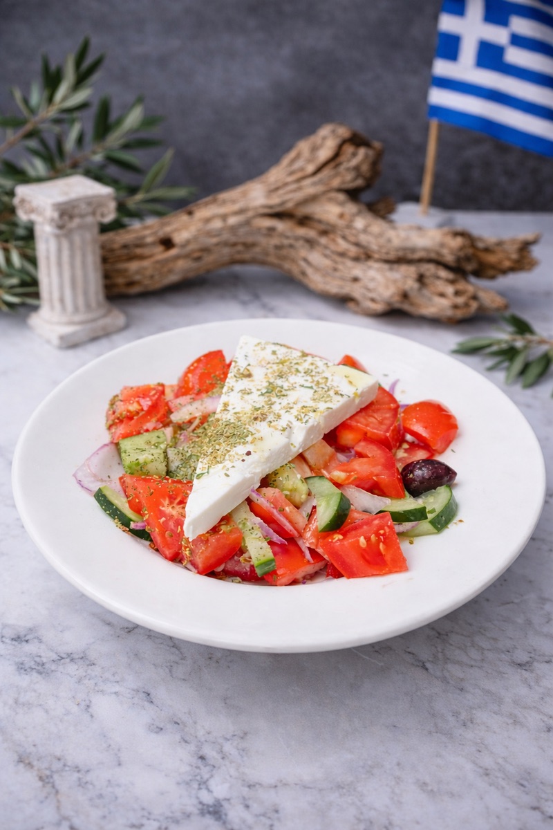 Greek salad topped with feta and oregano