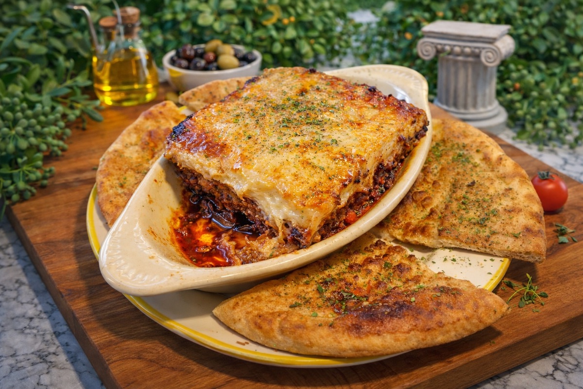 Moussaka served with grilled pita
