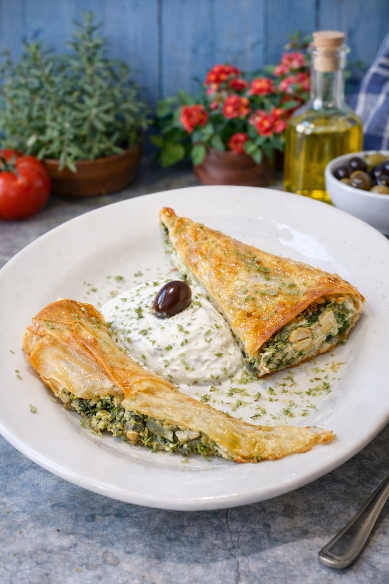 Spanakopita with tzatziki and a kalamata olive