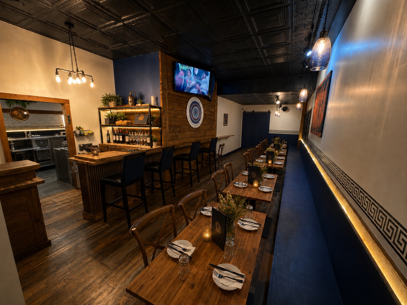 The Yamas dining room with Greek key mural